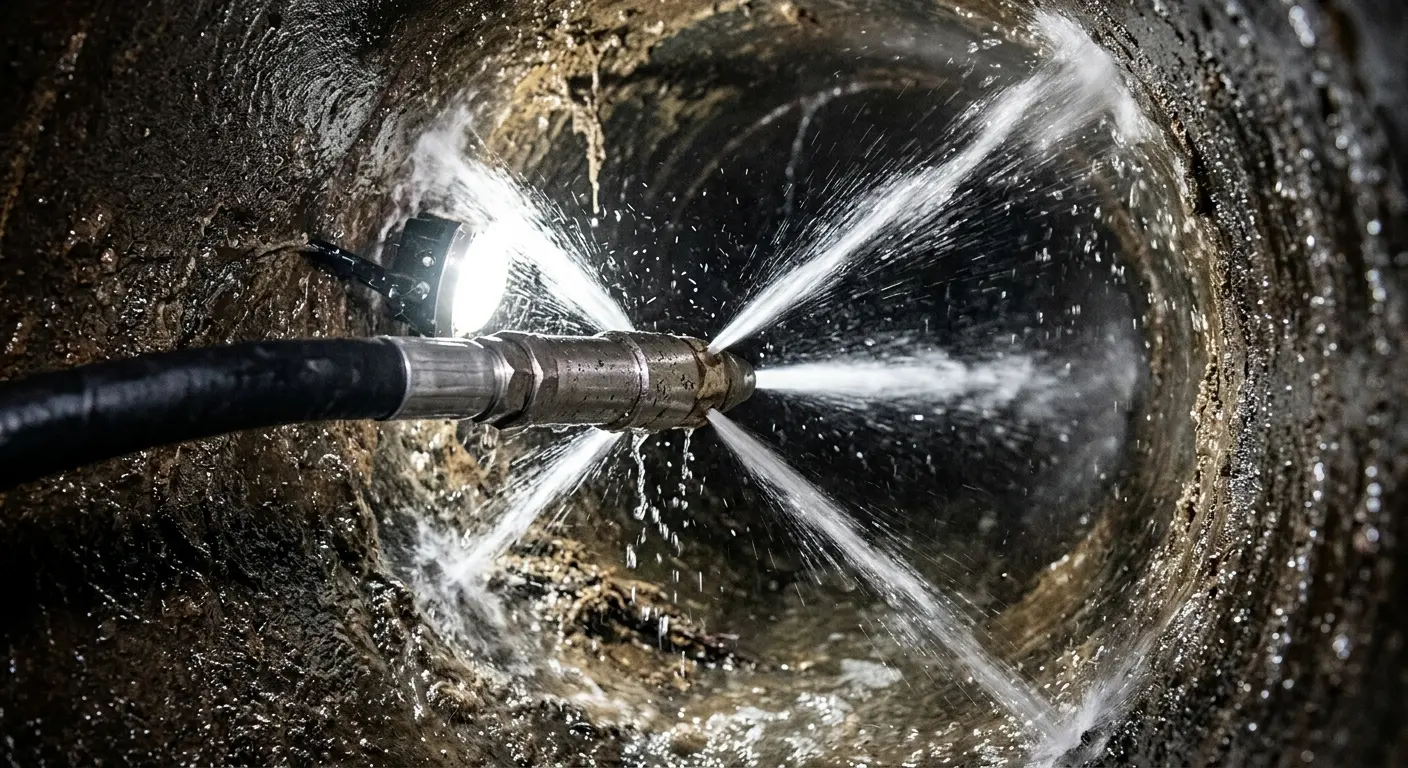 High-pressure hydro jetting nozzle cleaning sewer pipe for Emergency Drain Service in Batesville