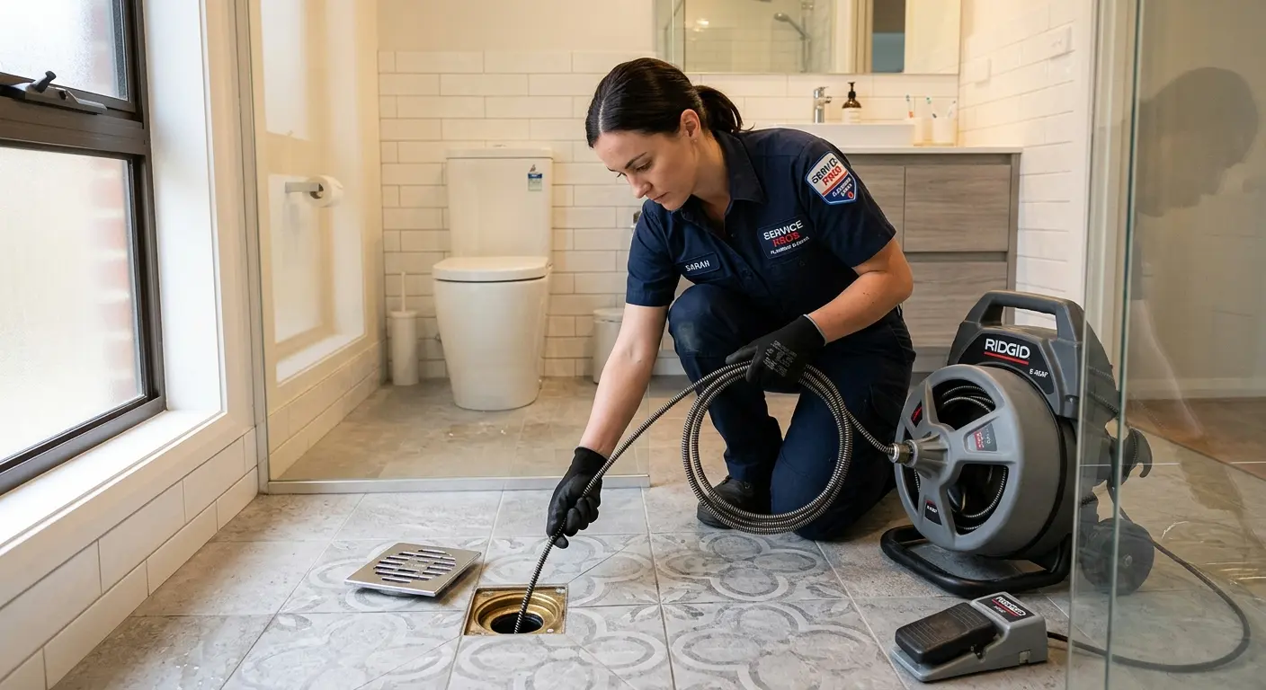 Technician clearing a bathroom floor drain for Sewer Line Installation in Batesville